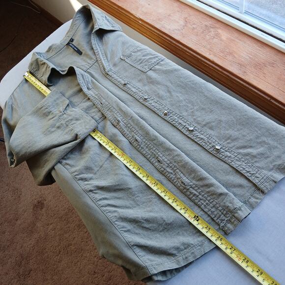 Cathy Woman Khaki Green Blouse 3X button front roll tab sleeves repaired linen - Picture 11 of 14